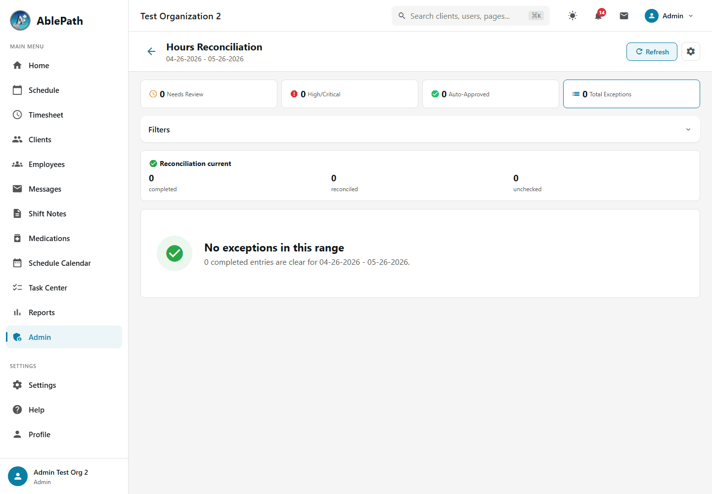 AblePath billing reconciliation report with filters and service totals